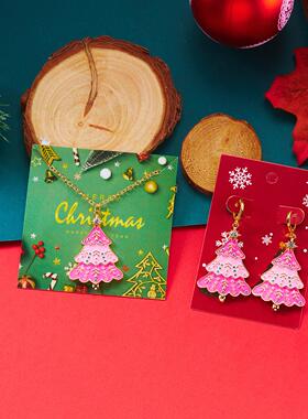 跨境新款圣诞项链时尚限定设计高级感粉色圣诞树镂空雪人项链耳环