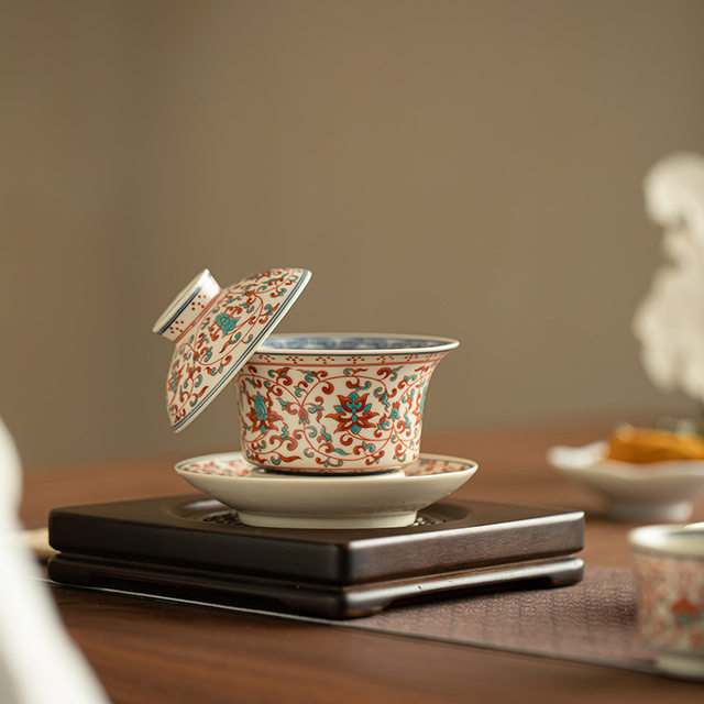 Jingdezhen pastel tangled lotus Sancai bowl hovering bowl ceramic tea set bubble tea bowl stuffy tea bowl kung fu