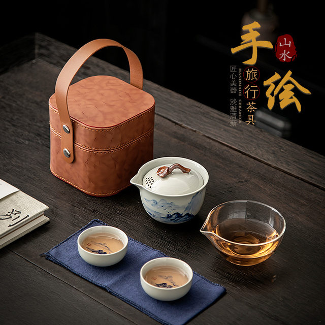 Hand-painted blue and white landscape ceramic quick cup portable travel tea set one person drinking set outdoor camping one pot two cups