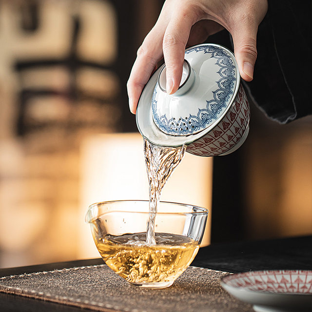 Dunhuang Cultural and Creative Thousand Buddhas and Three Talents Covered Bowl Single High-end Ceramic Cup Blue and White Ceramic Kung Fu Tea Set Tea Bowl Home Use