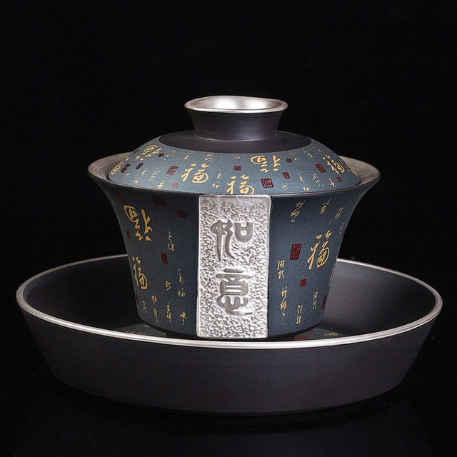 999 gilt silver purple clay three-capacity bowl household drinking tea bowl single high-end tea cup Kung Fu tea set