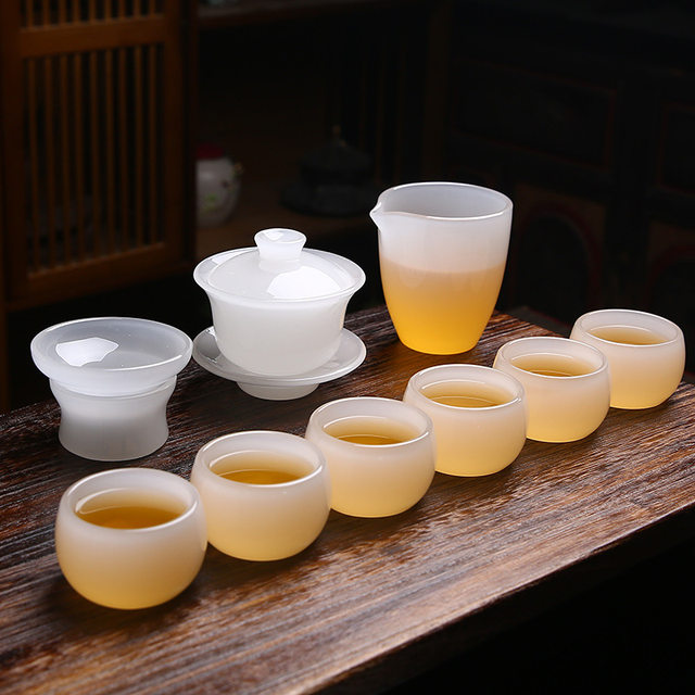 White jade glazed three-capacity bowl high-end tea set