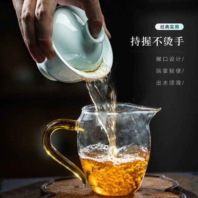 Jingdezhen Yingqing carved Sancai bowl single high-end tea bowl high-end Kung Fu tea set is not hot and has a thin tire