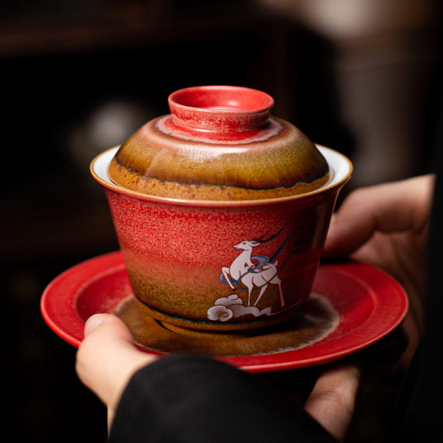 Palace wall red nine-color deer three-cai bowl set single high-end kung fu tea set single non-hot teapot tea cup