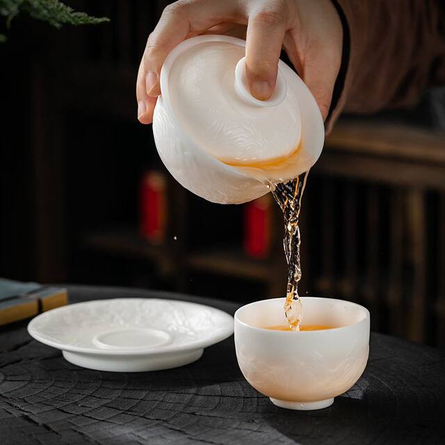 Thousands of mountains and rivers embossed ice jade porcelain three-piece covered bowl teacup household tea three-piece set with lid 2026 new style