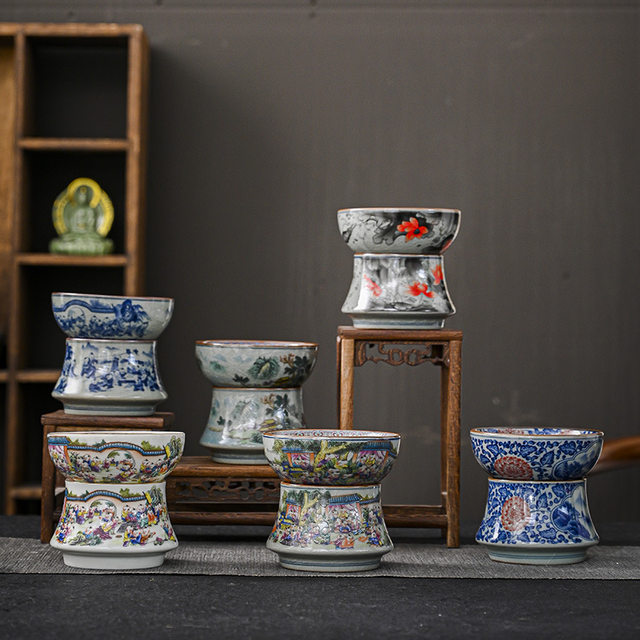 Old pottery mud blue and white ceramic high-end tea leakage tea filter tea artifact tea filter separate stand holder tea set accessories