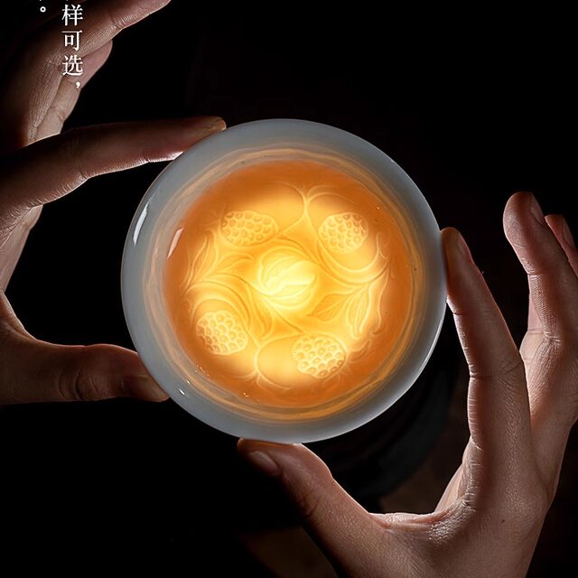 Embossed shadow green lotus bamboo hat, owner's tea cup, high-end ceramic Kung Fu tea set, single cup, personal tea cup