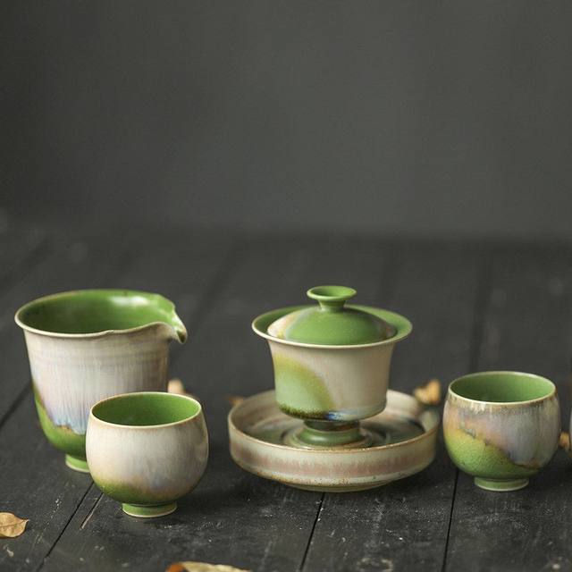 Jingdezhen kiln soda-fired Qingshan Dai tea set pure handmade ceramic tea cup Jingdezhen high temperature color glaze tea