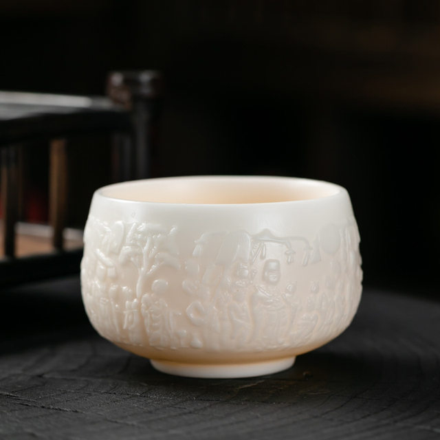 Ice jade porcelain relief Dunhuang master drinking tea cup mutton fat jade ceramic personal high-end white porcelain tea cup