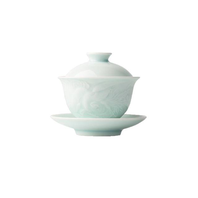 Shadow green embossed covered bowl with phoenix pattern, three-piece covered bowl, ceramic tea set, light-transmitting household tea bowl, three-piece set
