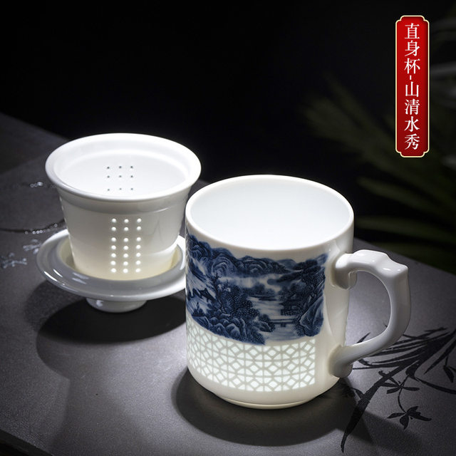 Jingdezhen hand-painted blue and white porcelain office tea cup exquisite ceramic bone china tea water separator with filter drinking cup