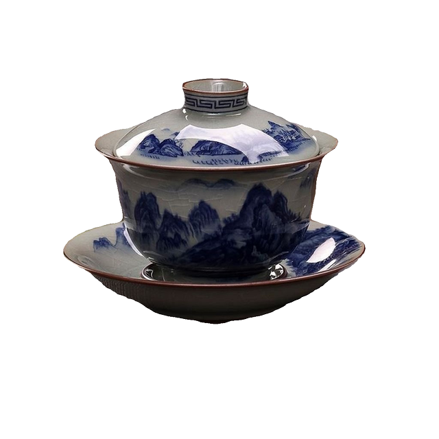 Jingdezhen blue and white hand-painted Qianli Jiangshan ceramic cover bowl set handmade Sancai tea bowl tea cup single anti-scalding