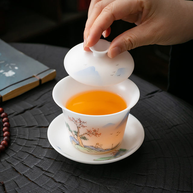 Bing Zhong hand-painted Sancai bowl single high-end white porcelain large tea bowl with lid tea cup Kung Fu tea set 2026 new style