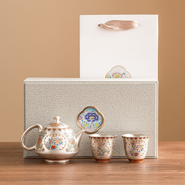 High-end sterling silver cloisonné enamel teapot set Kung Fu tea set household ceramic gilt silver tea cup 2026 new style