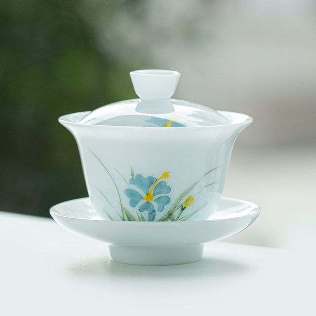 Hand-painted underglaze color ice jade porcelain Sancai covered bowl can hover tea bowl cup single high-end white porcelain Kung Fu tea set