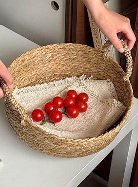 天然收纳篮草编篮子ins手工编织复古杂物果篮日式藤编拍照道具