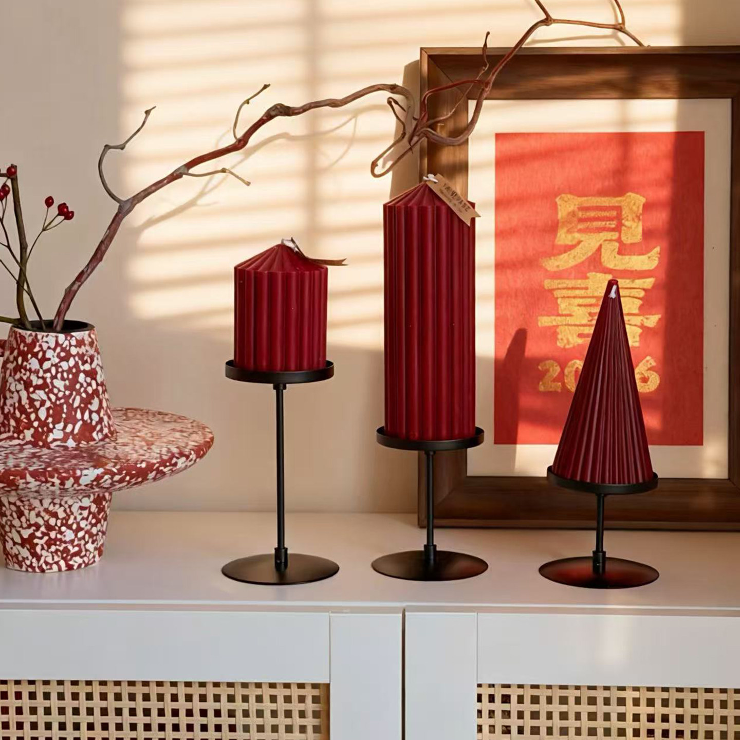 中式红色系蜡烛婚庆喜庆酒红条纹圆柱蜡烛创意烛台家居桌面摆件,淘宝优惠券,粉丝福利购,淘宝优惠卷