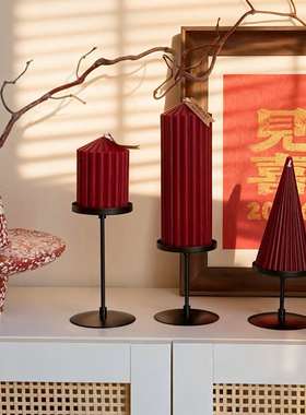 复古酒红色圆柱香薰蜡烛法式浪漫喜庆家用家居装饰品香薰烛台摆件