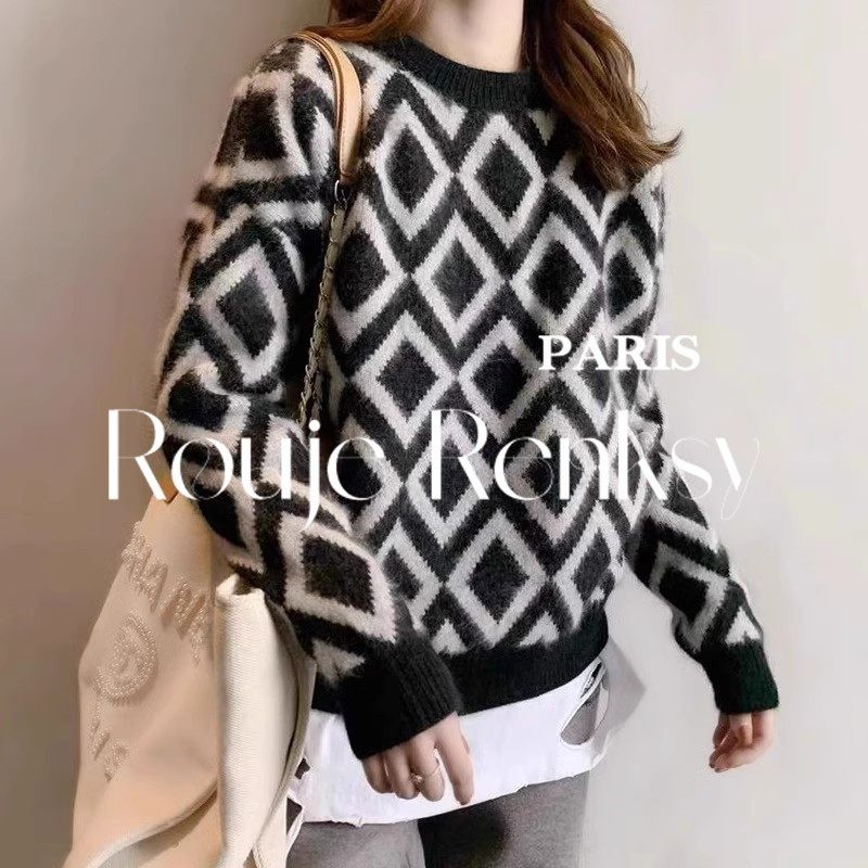 法国Rouje Renksy法式菱格长袖毛衣女秋冬宽松外穿打底针织衫上衣,淘宝优惠券,粉丝福利购,淘宝优惠卷