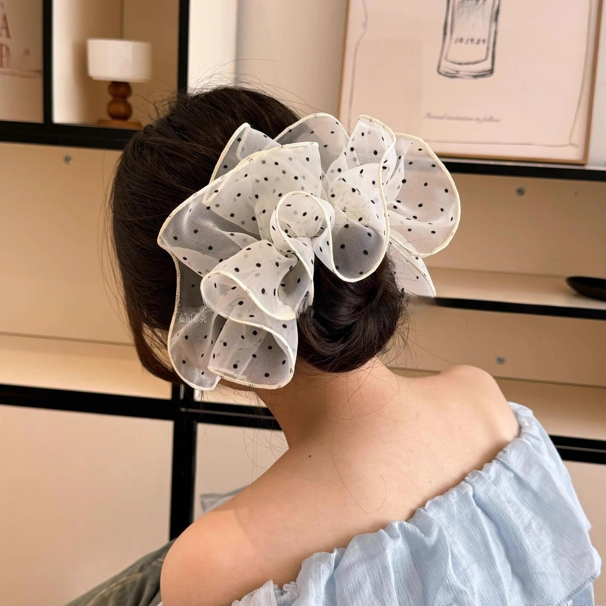 韩系波点网纱裙摆发圈夏季2025新款超仙扎丸子头马尾头花发绳发饰 - 图1