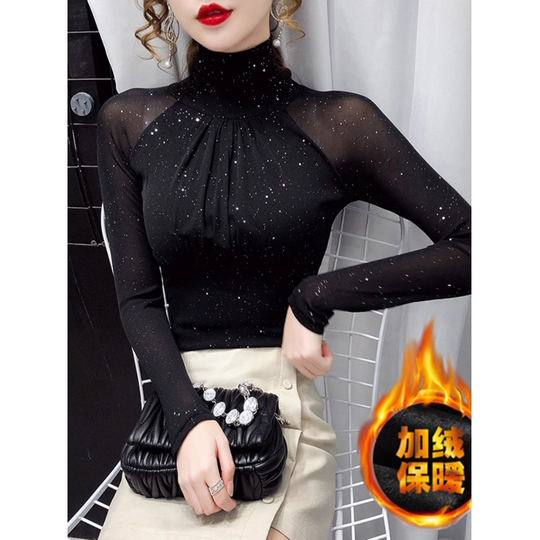 秋冬加绒加厚网纱性感法式复古高领紧身洋气打底长袖时尚小衫上衣