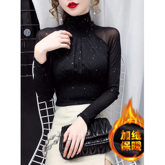 秋冬加绒加厚网纱性感法式复古高领紧身洋气打底长袖时尚小衫上衣