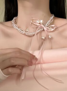 锁骨珍珠气质甜美项链链小众颈链气质花朵清新蝴蝶结甜美女高级感
