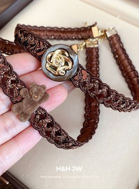 项链复古针织美拉德植绒锁骨链轻奢高级感项饰带小熊时尚百搭花朵