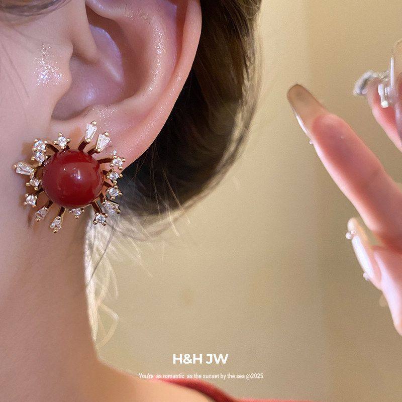 耳饰复古镶耳环锆石花朵气质树脂批发圆形小众轻奢银针耳钉高级感,淘宝优惠券,粉丝福利购,淘宝优惠卷