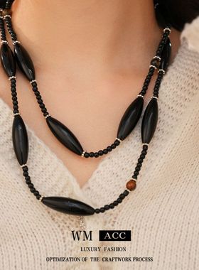 项饰小众黑色虎眼石串珠叠带项链