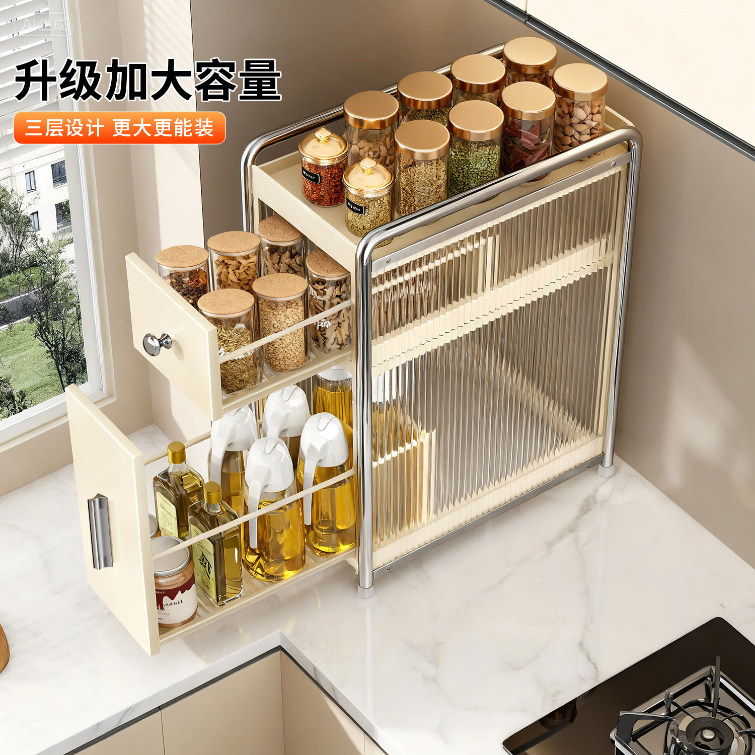 佳帮手新款抽拉式厨房调料柜多功能窄边收纳架台面调味料置物架,淘宝优惠券,粉丝福利购,淘宝优惠卷