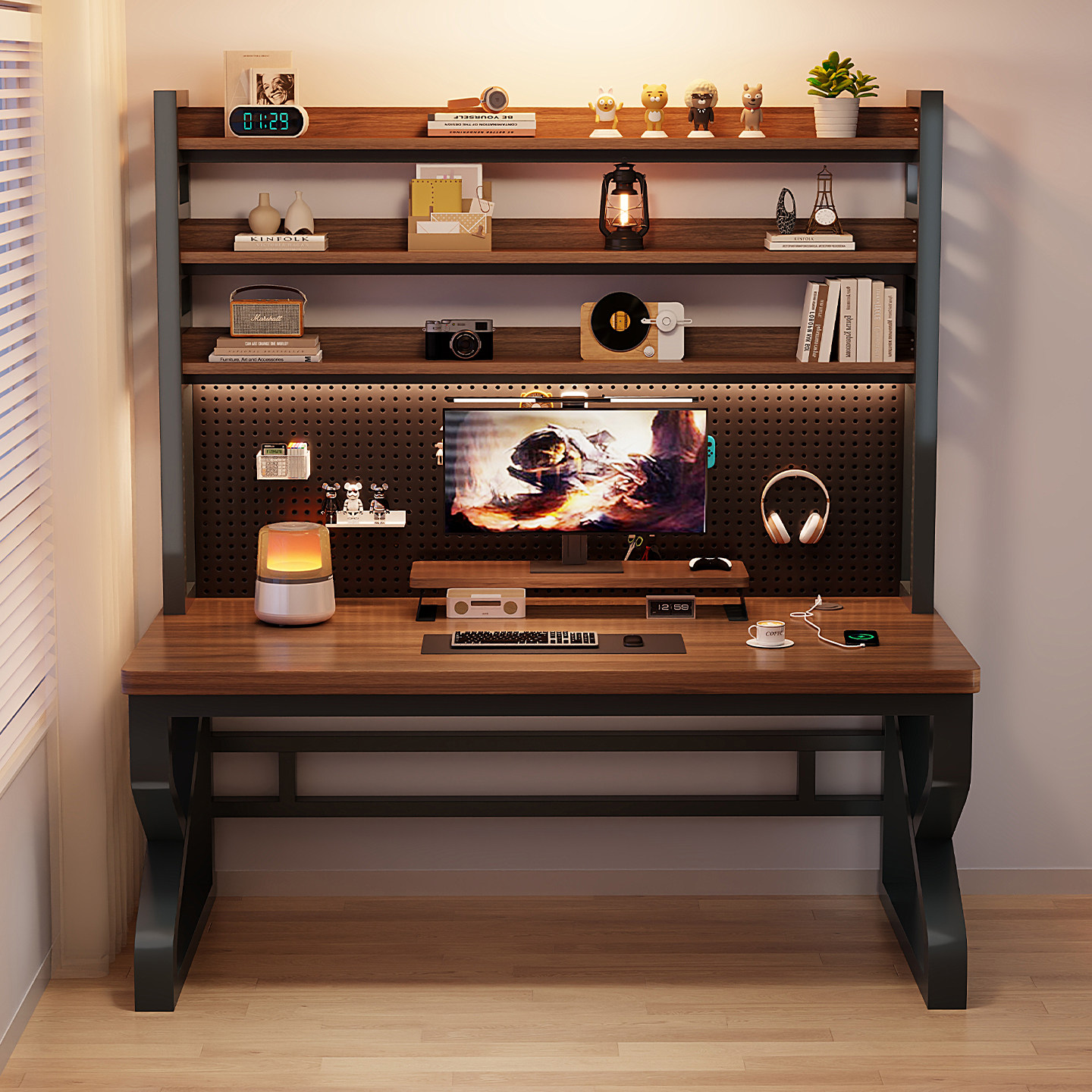 实木书桌书架一体桌带洞洞板学习桌家用电竞桌卧室办公桌电脑桌子,淘宝优惠券,粉丝福利购,淘宝优惠卷