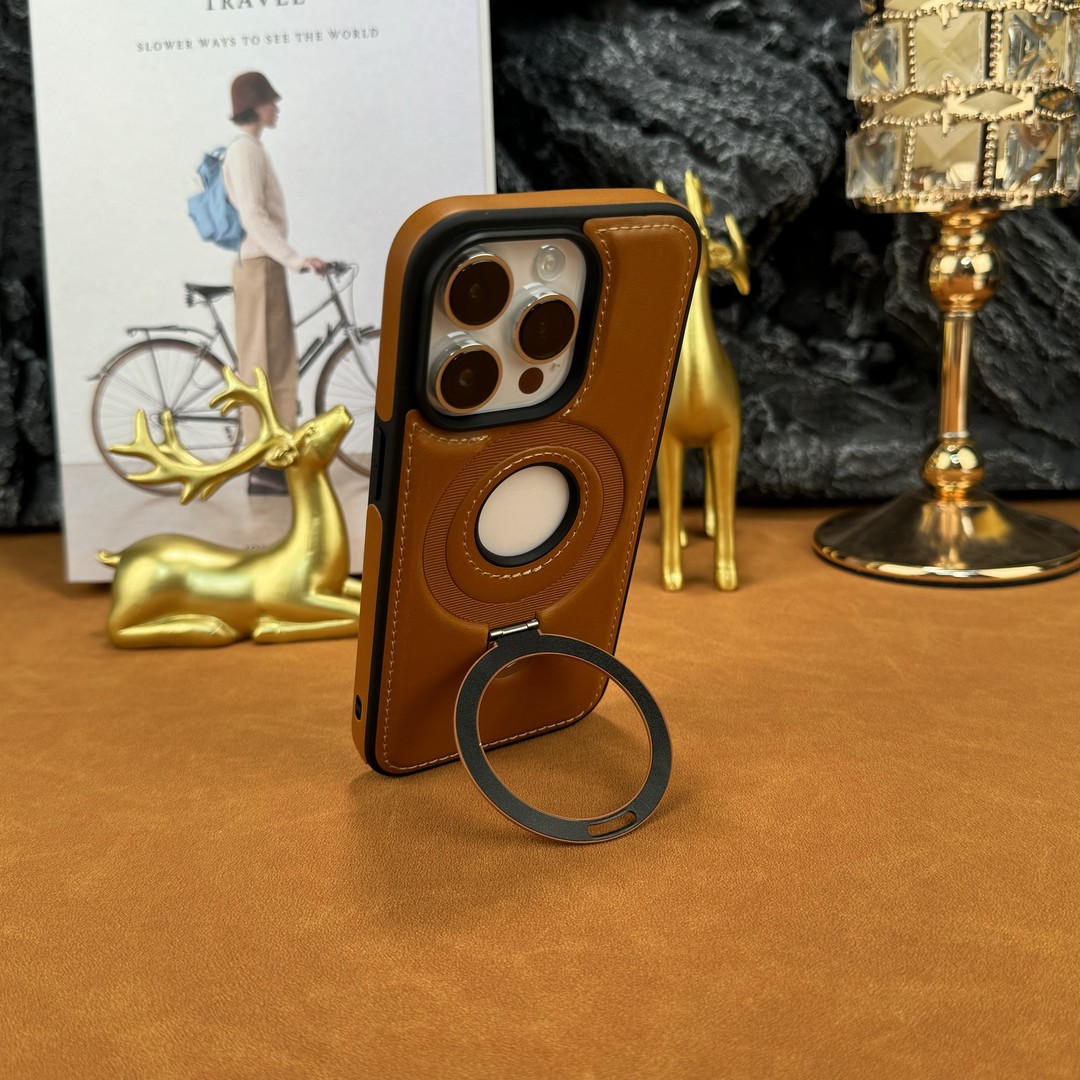 真皮质感适用苹果16Promax磁吸支架手机壳iPhone15Pro商务素皮14pm全包防摔ip13绅士男高级保护套12带支架por