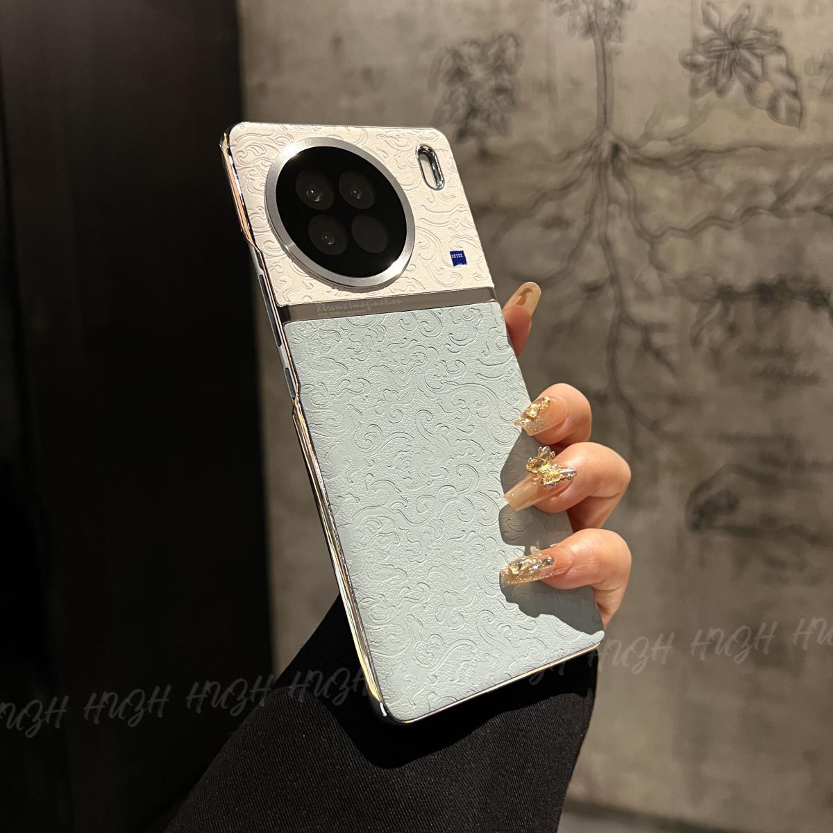 适用于vivox90/s国风云龙纹拼色vivox100Pro全包镜头手机壳x90pro硬壳x90pro+素皮拼接x100防滑保护套x90外壳