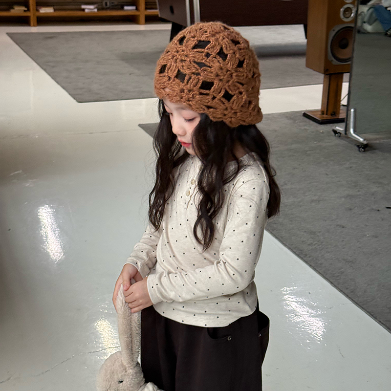 Yumi妈女童秋装软糯羊绒棉坑条打底衫儿童波点长袖T恤上衣 25F001 - 图0