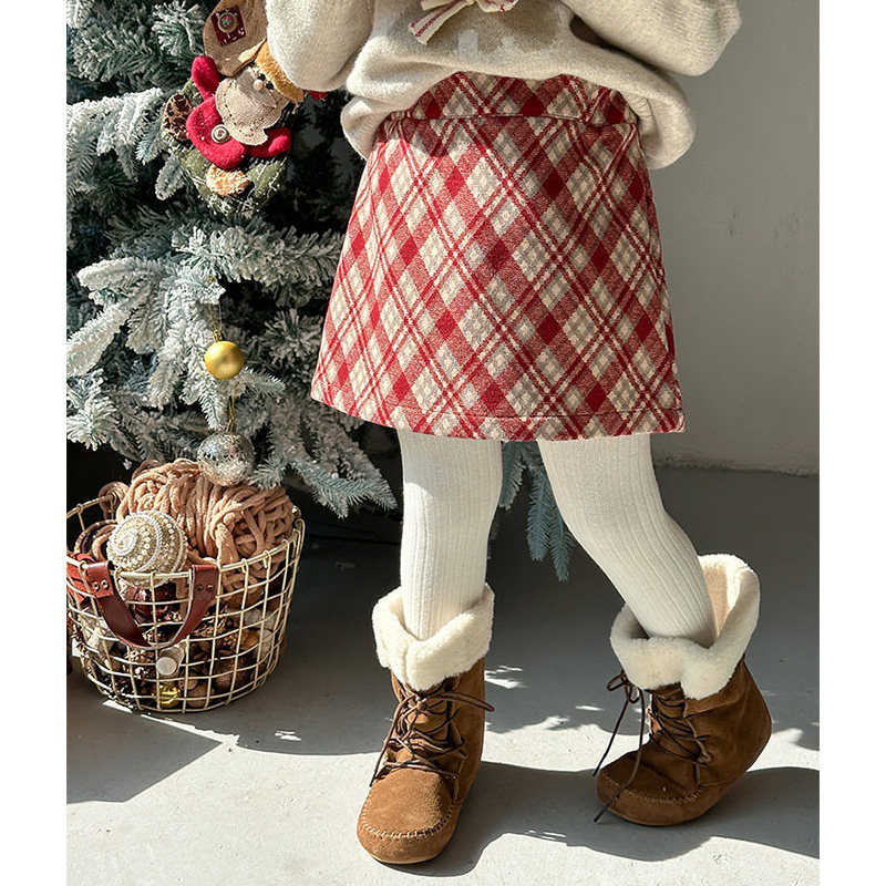 Yumi妈2025冬季女童A字版毛呢短裙儿童时髦红色格纹半身裙24A017,淘宝优惠券,粉丝福利购,淘宝优惠卷