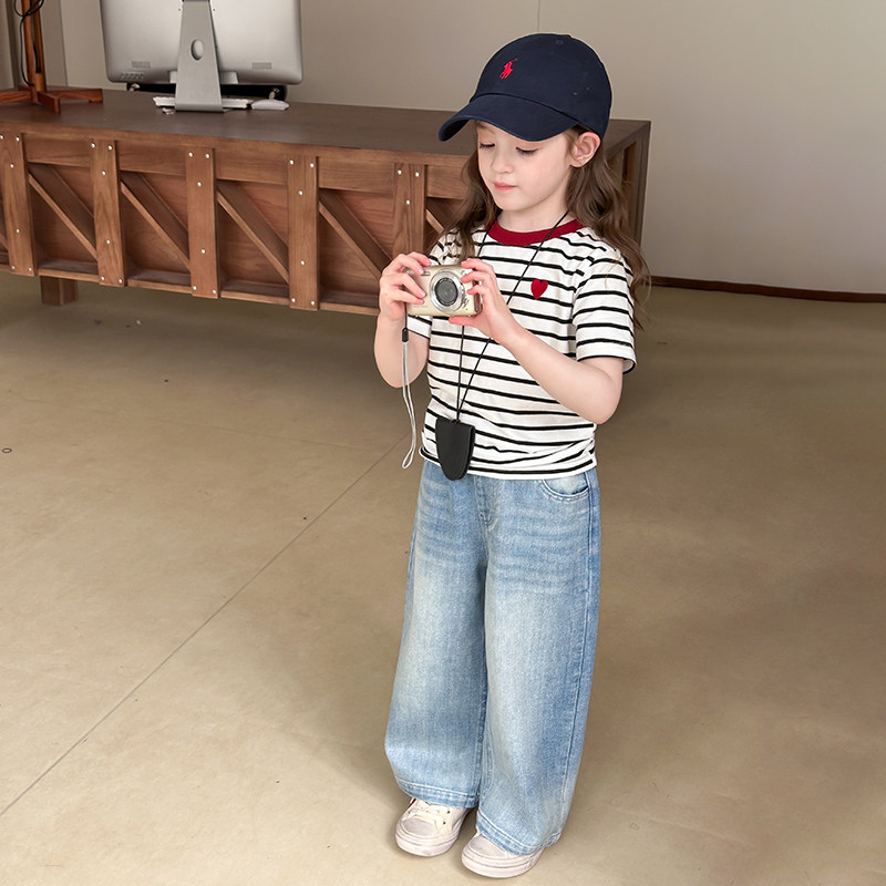 Yumi妈儿童条纹短袖女童韩版半袖洋气撞色刺绣爱心T恤25B025,淘宝优惠券,粉丝福利购,淘宝优惠卷