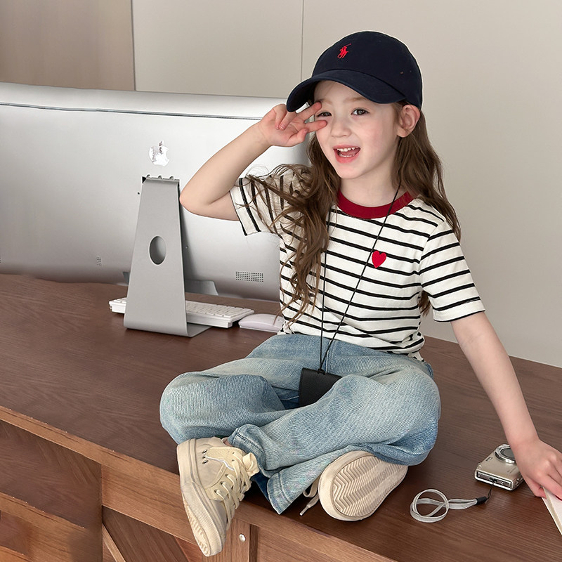 Yumi妈儿童条纹短袖女童韩版半袖洋气撞色刺绣爱心T恤25B025,淘宝优惠券,粉丝福利购,淘宝优惠卷