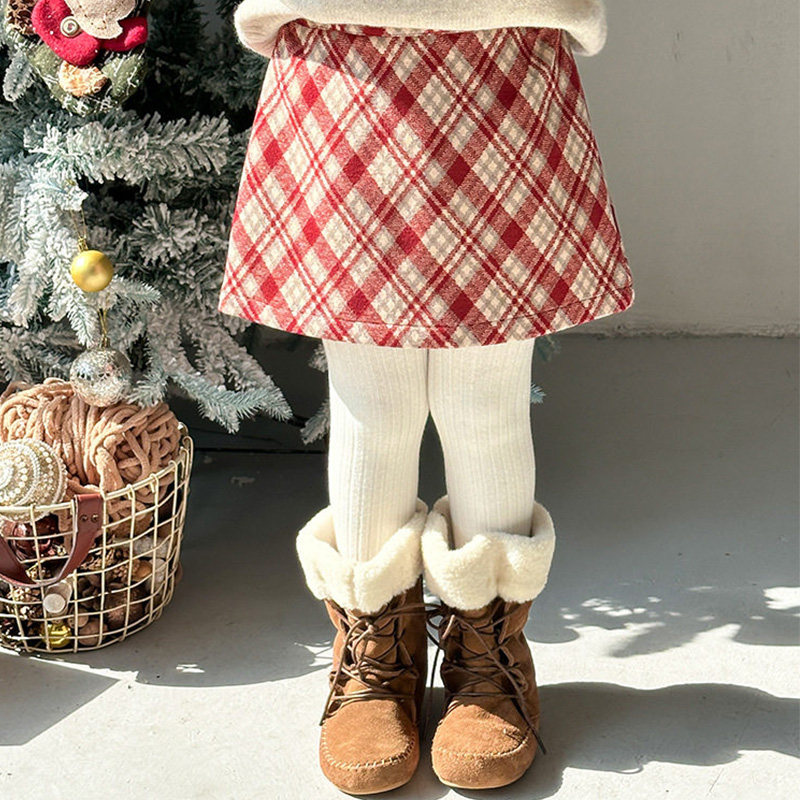 Yumi妈2025冬季女童A字版毛呢短裙儿童时髦红色格纹半身裙24A017,淘宝优惠券,粉丝福利购,淘宝优惠卷