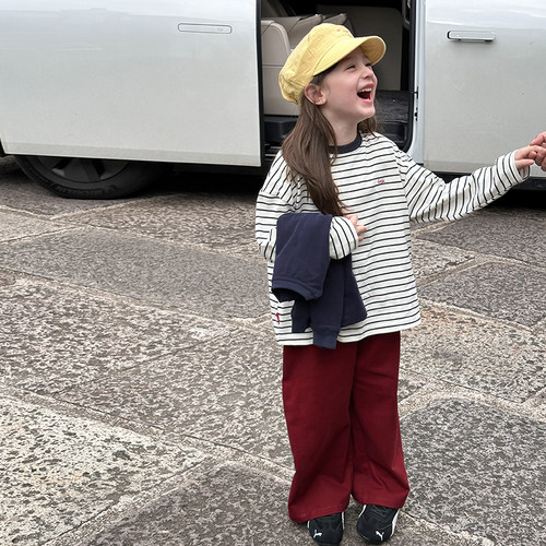 Yumi妈女童宝宝韩版休闲柔软双纱精棉儿童条纹打底衫  25F003 - 图0