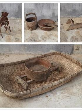 民俗老物件风车老旧木犁播种机篮子推车怀旧农村农具农耕文化摆件