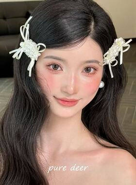 法式珍珠新娘头饰发夹超仙新款蝴蝶结串珠2025结婚白纱饰品发夹