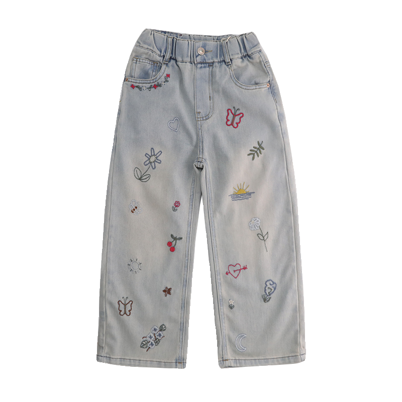 小智同学儿童牛仔裤2024春款新单裤中童女童长裤刺绣直筒裤子2527