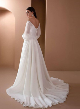 2024 Women's line-neck long white dress白色一字领女士连衣裙