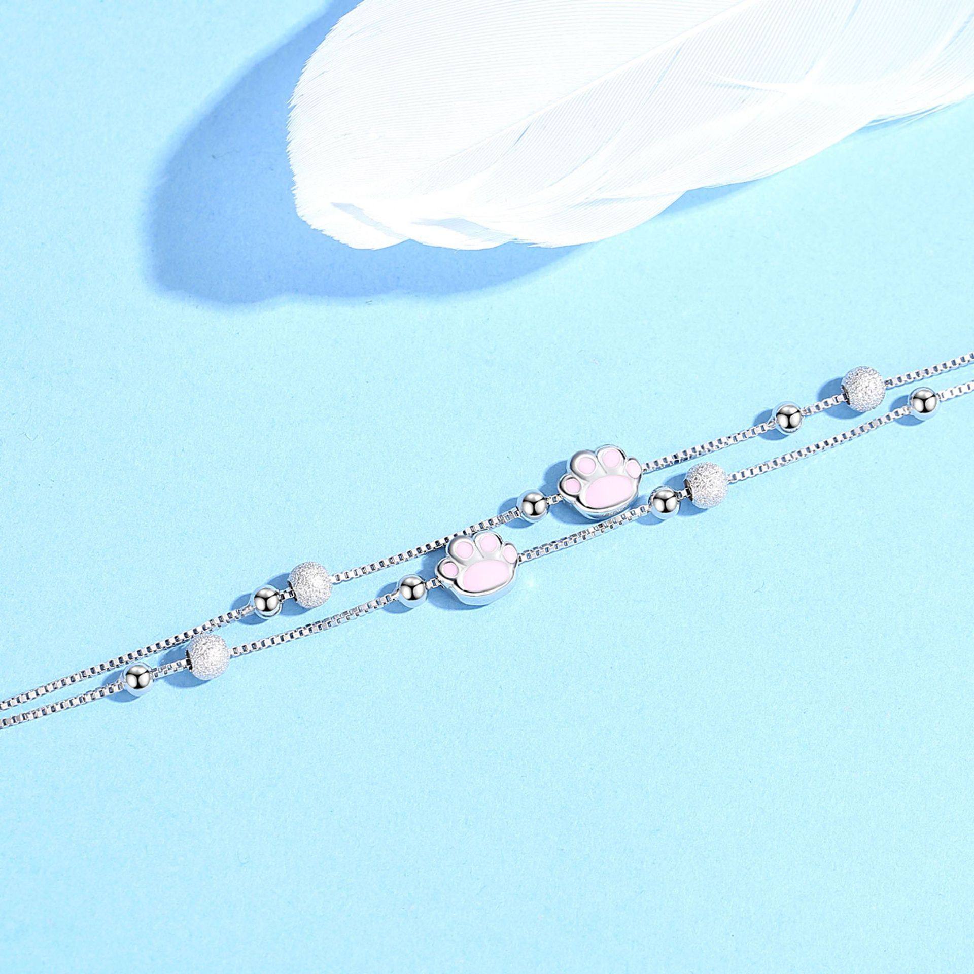 粉色猫爪手链女生925银简约网红小清新日系可爱七夕节礼物首饰