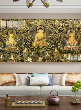 佛堂三世佛挂画客厅茶室唐卡装饰画西藏文化万佛图酒店背景墙壁画