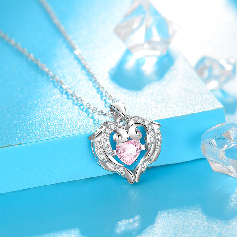 守护之翼灵动项链S925纯银粉钻吊坠天使翅膀爱心锁骨链七夕节礼物