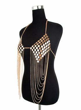 欧美跨境新品 女装热销新款金属片文胸链流苏身体链项链工厂直销