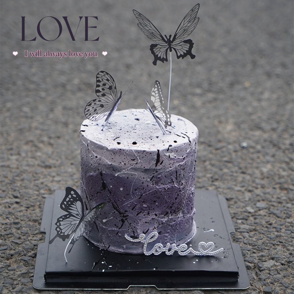 小红书简约唯美黑色系蝴蝶蛋糕装饰品女神生日情人节love爱心摆件