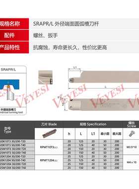 端面圆弧切槽刀杆 R5 R6数控大切深抗震SRAPR252510T3-50/200-T40